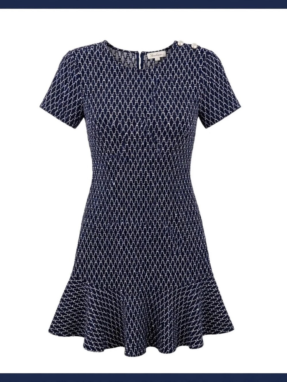 Shoshanna Genesee Dress Size 2 Navy White Geometric Print Ruffle Hem Stretch